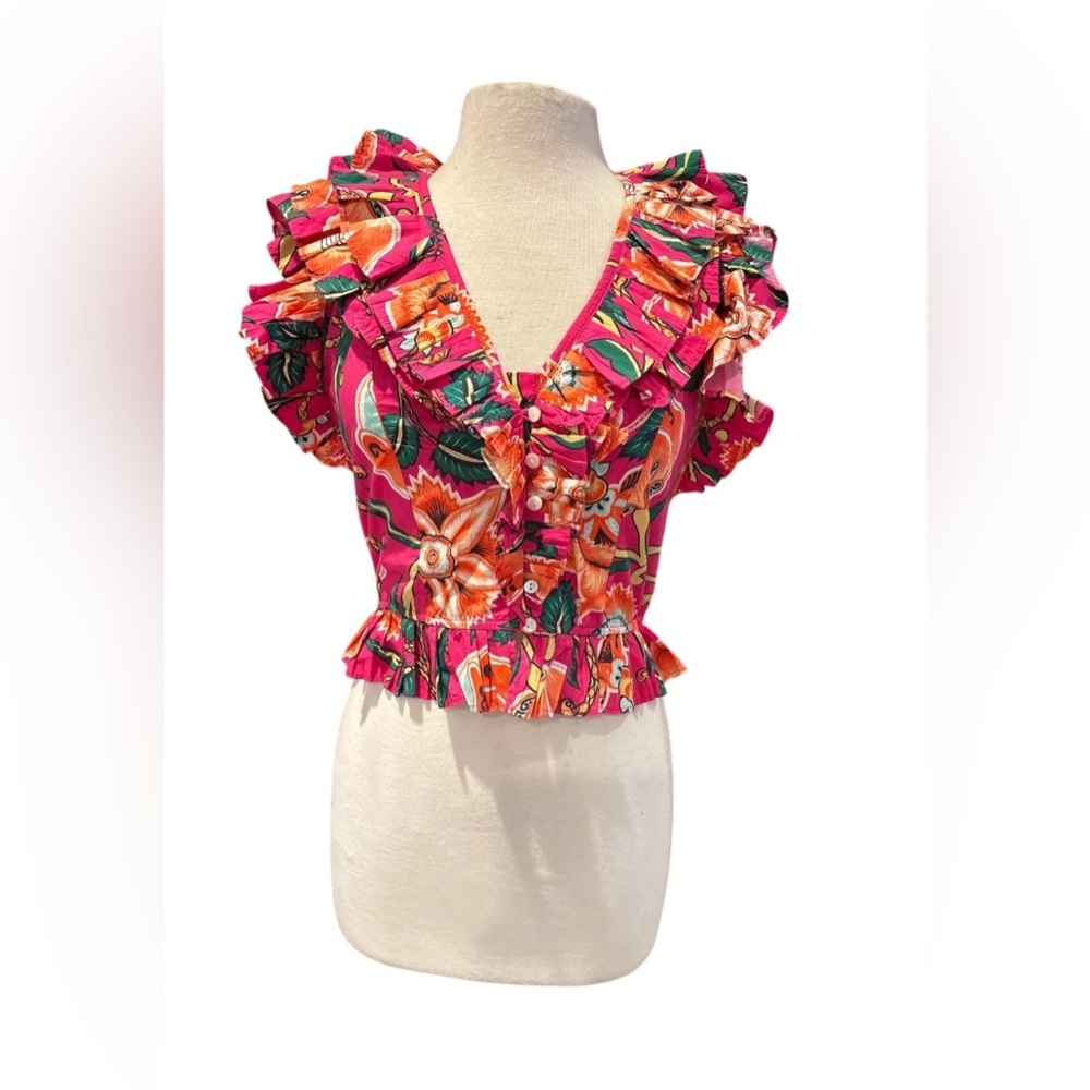 Love The Label Maxine Floral Ruffled Crop Top In Irena Berry Print Sz Large $225